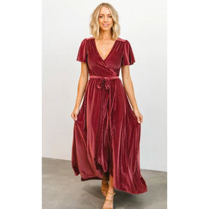 BALTIC BORN andi dark rose ribbed velvet short sleeve wrap dress S